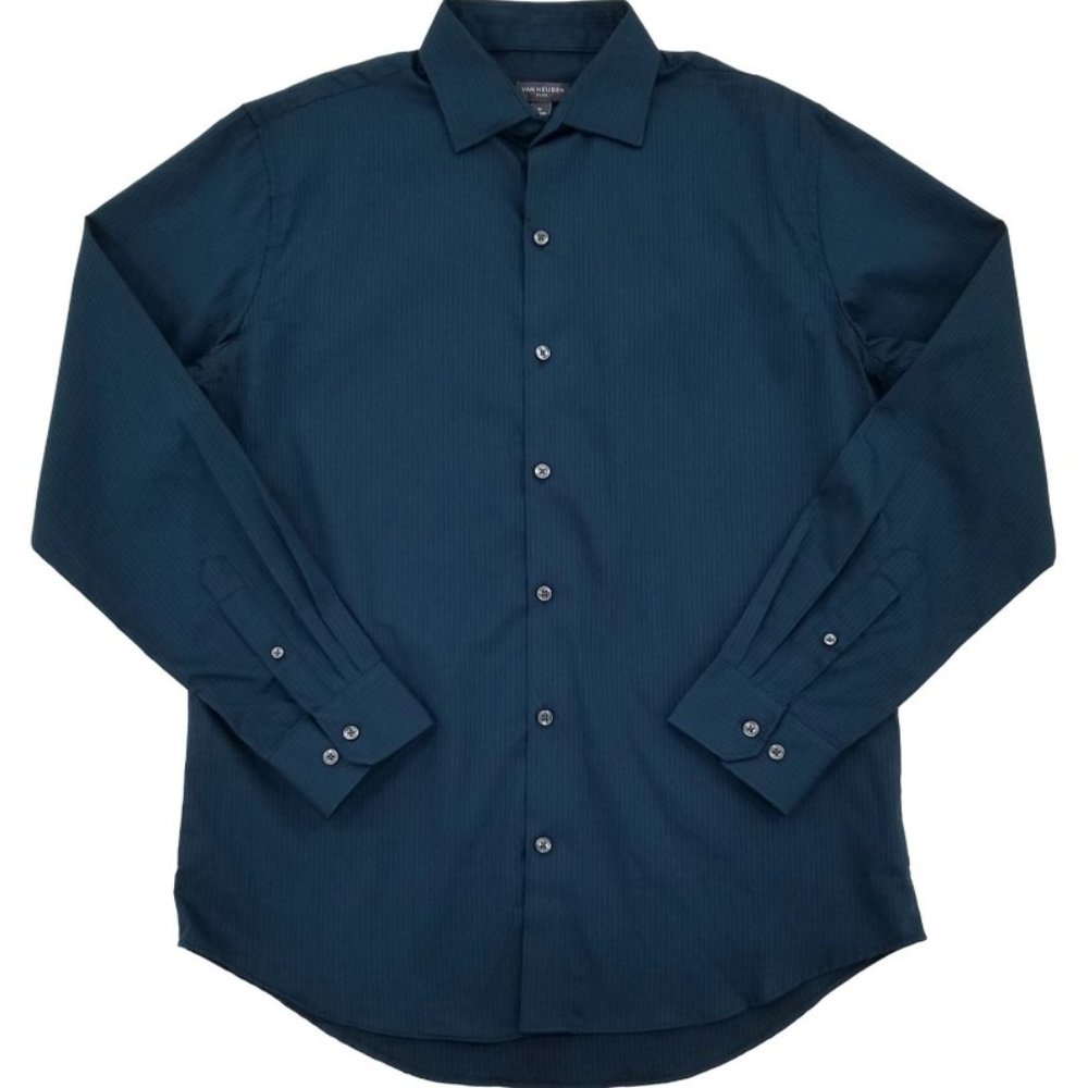 Van Heusen Men's Turquoise Sateen Stripe Flex Long Sleeve Button-Up Shirt